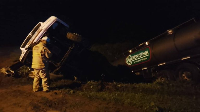 CAMIÓN DE TRANSPORTE DE LÁCTEOS VOLCÓ TRAS CHOCAR CON UN ANIMAL SILVESTRE