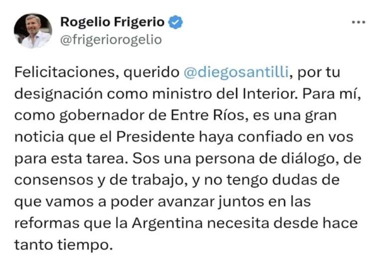 FRIGERIO SALUDÓ A SANTILLI POR SU NOMBRAMIENTO COMO MINISTRO DEL INTERIOR