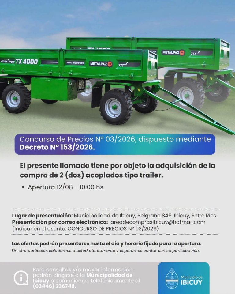 La Municipalidad de Ibicuy convoca a Concurso de Precios para la adquisición de dos acoplados